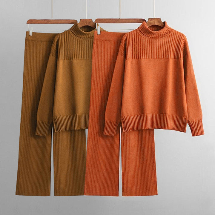 Orange Plain Block Turtle Neck Two Piece Set