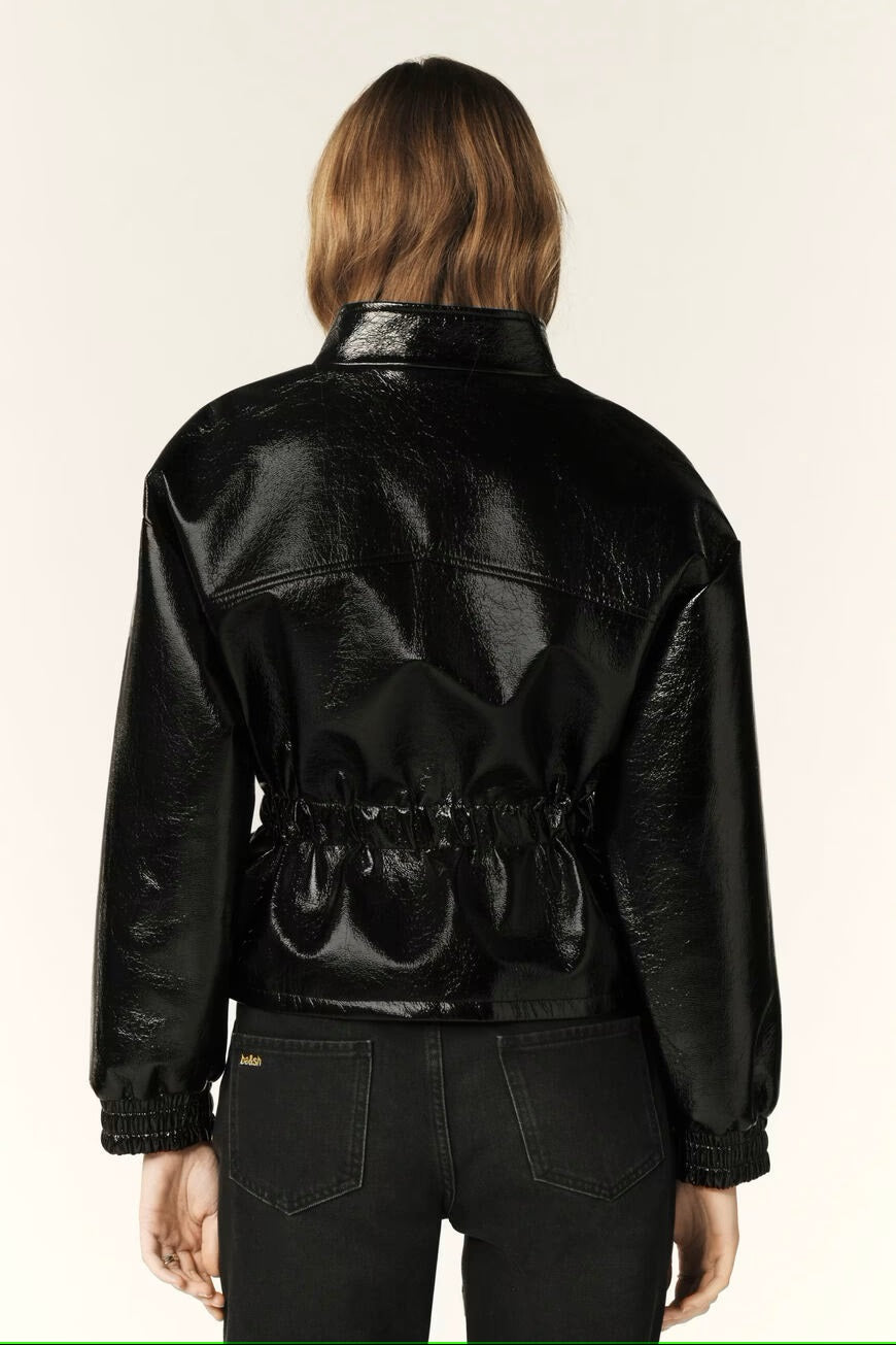 Faux Leather Jacket with Pockets and Drawstring