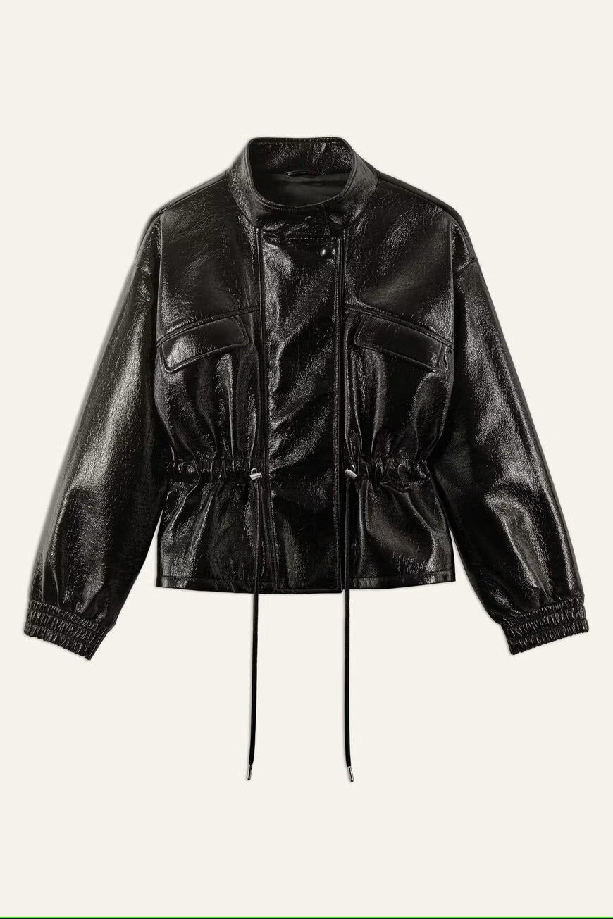 Faux Leather Jacket with Pockets and Drawstring