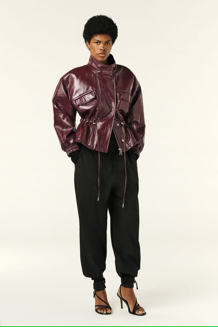 Faux Leather Jacket with Pockets and Drawstring