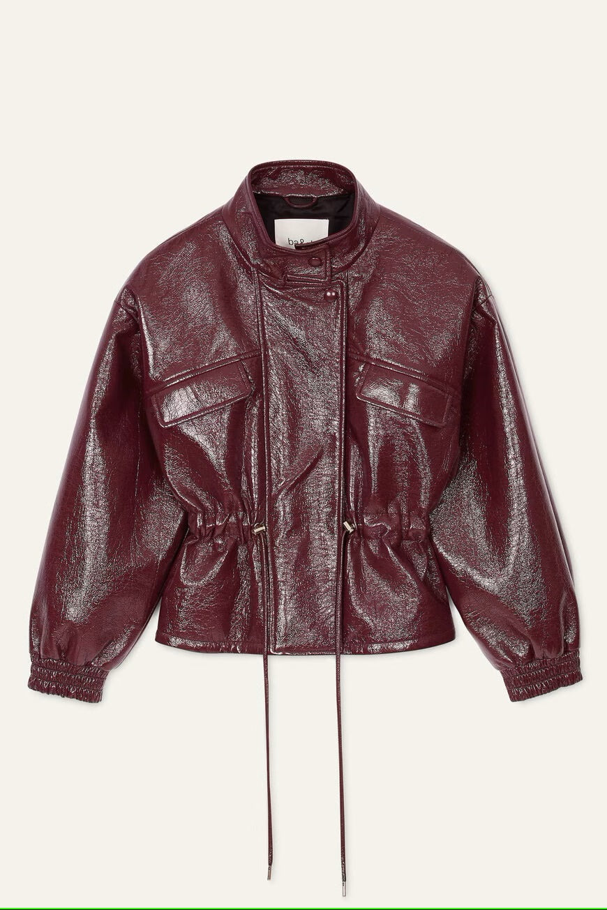 Faux Leather Jacket with Pockets and Drawstring