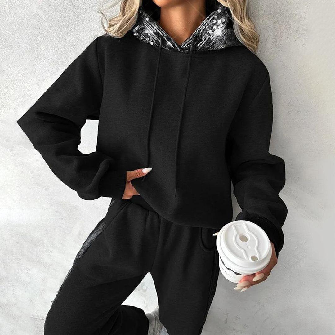 Sporty Black Hoodie Long Sleeve Two Piece Set