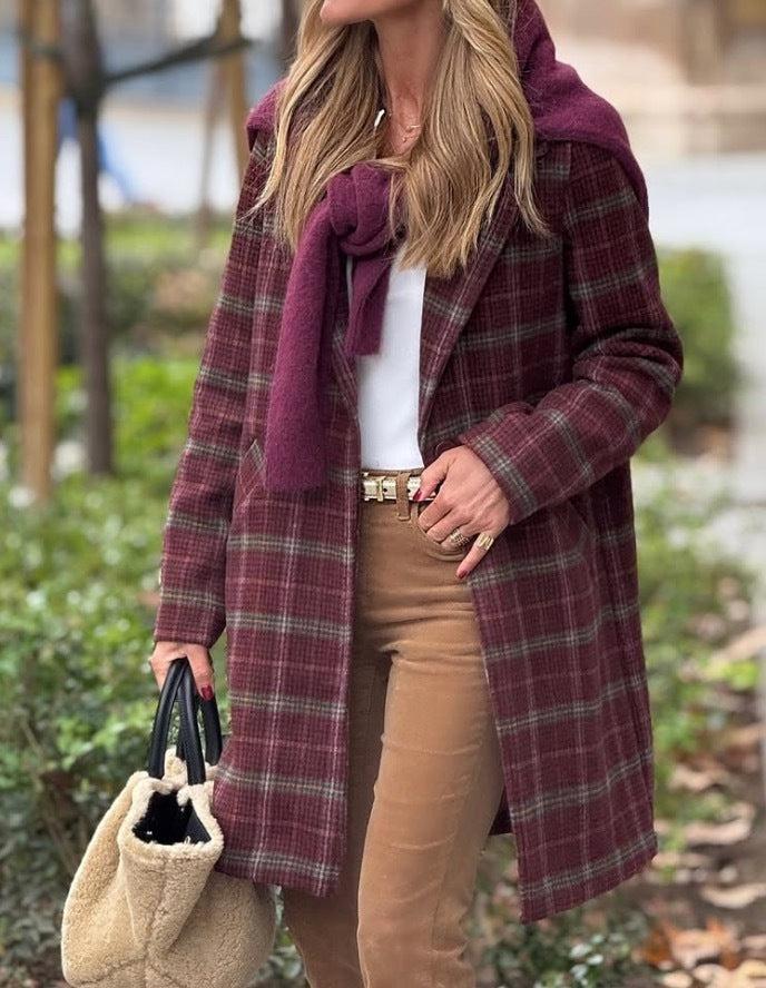 Vintage Plaid Print Side Pocket Lapel Coat