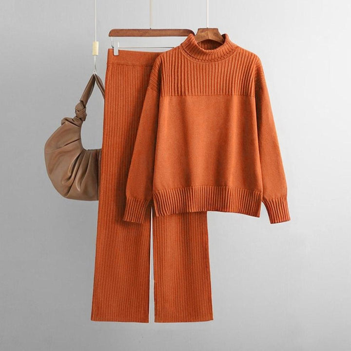 Orange Plain Block Turtle Neck Two Piece Set