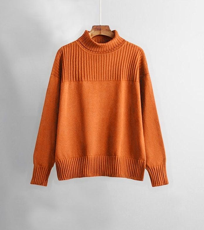 Orange Plain Block Turtle Neck Two Piece Set