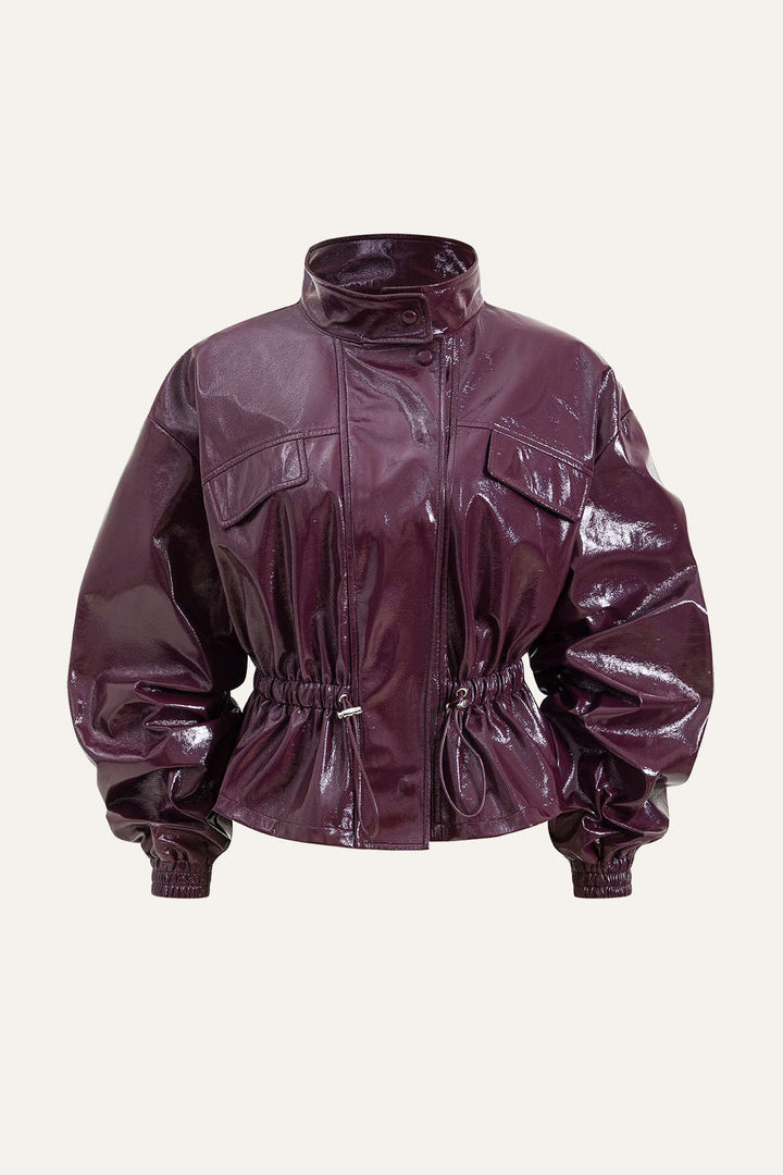 Faux Leather Jacket with Pockets and Drawstring