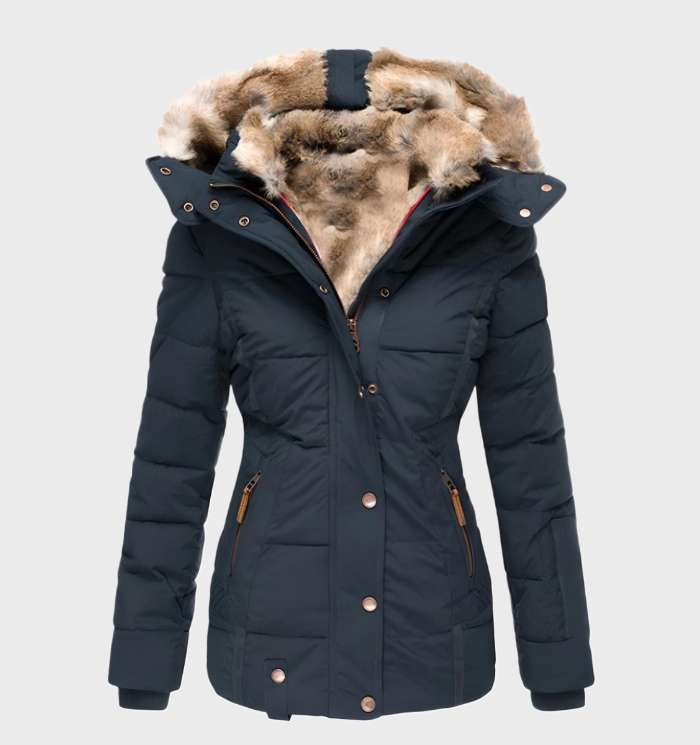 Eunice - Thick and Warm Slim Fit Winter Jacket with Hood, Faux Fur Lining, and Full Zip and Button Closure.