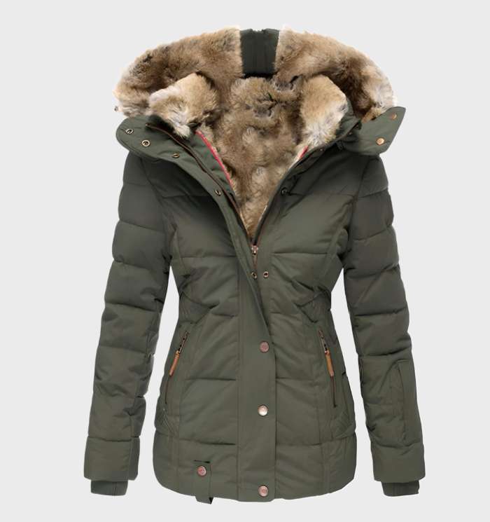 Eunice - Thick and Warm Slim Fit Winter Jacket with Hood, Faux Fur Lining, and Full Zip and Button Closure.