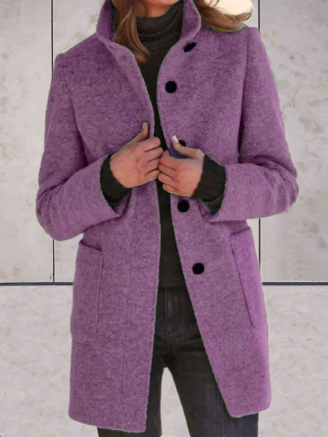 Nadine - Elegant Mid-Length Wool Jacket with a High Neckline, Pockets, and Button Closure