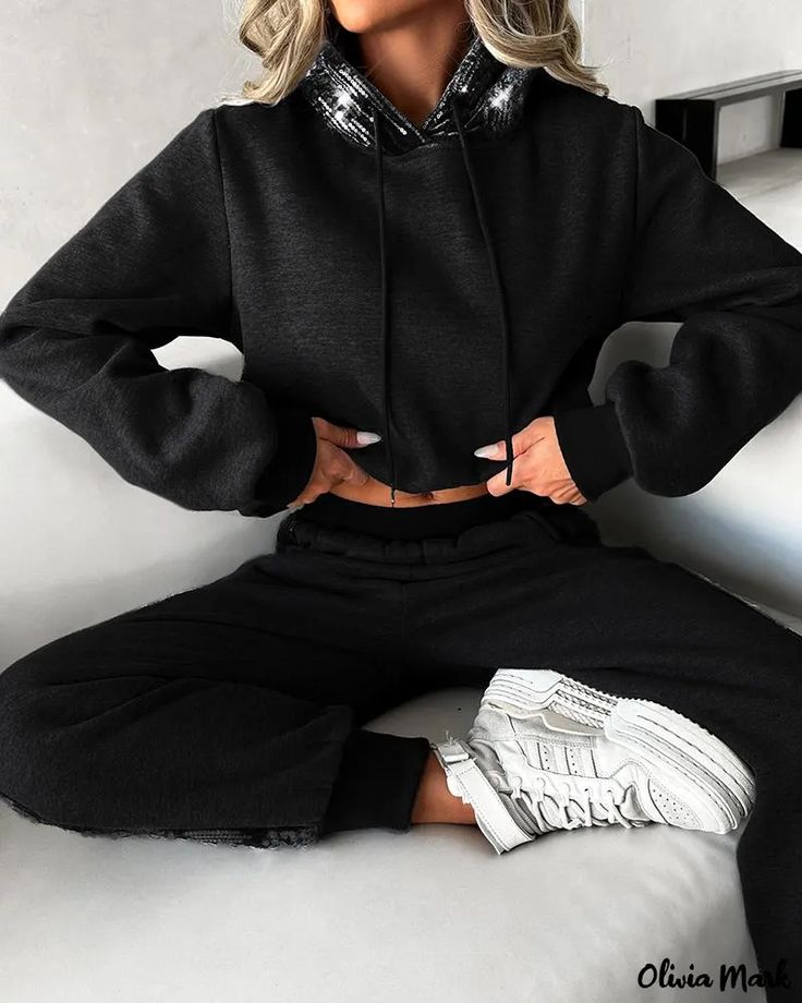 Sporty Black Hoodie Long Sleeve Two Piece Set