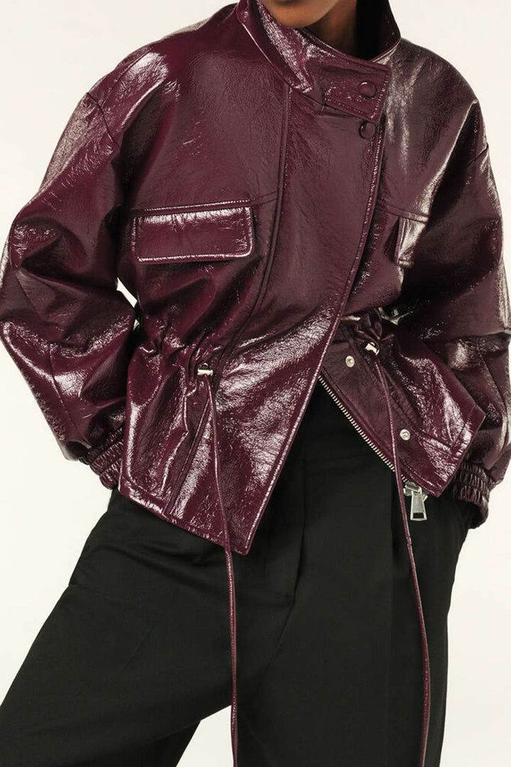 Faux Leather Jacket with Pockets and Drawstring