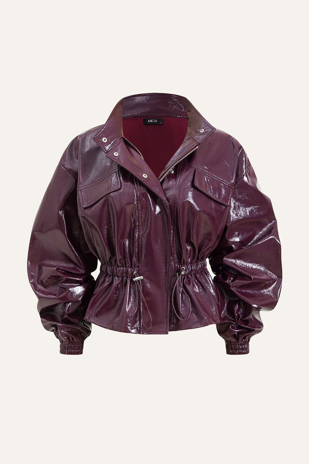 Faux Leather Jacket with Pockets and Drawstring