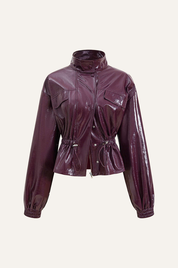 Faux Leather Jacket with Pockets and Drawstring