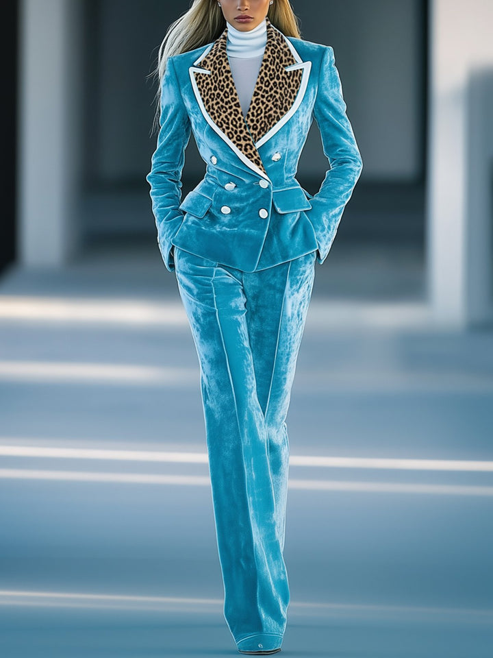 Lilia | Stylish Blue Velvet Suit With Leopard Print Lapel