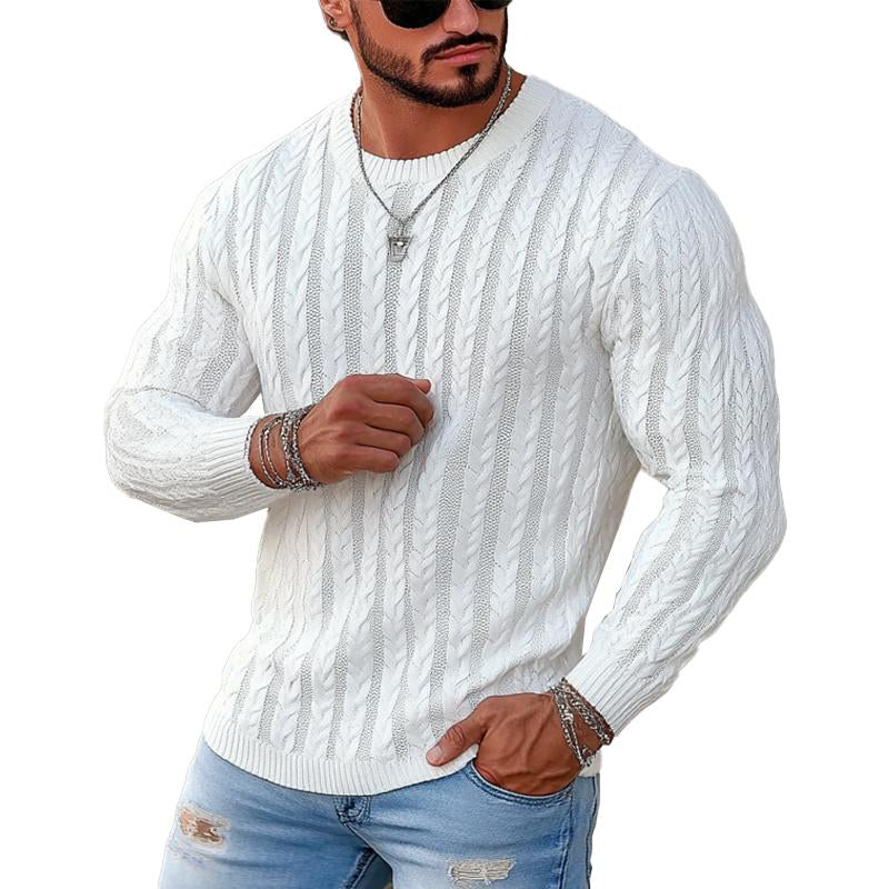 Men's Solid Color Twisted Crew Neck Knitted Sweater