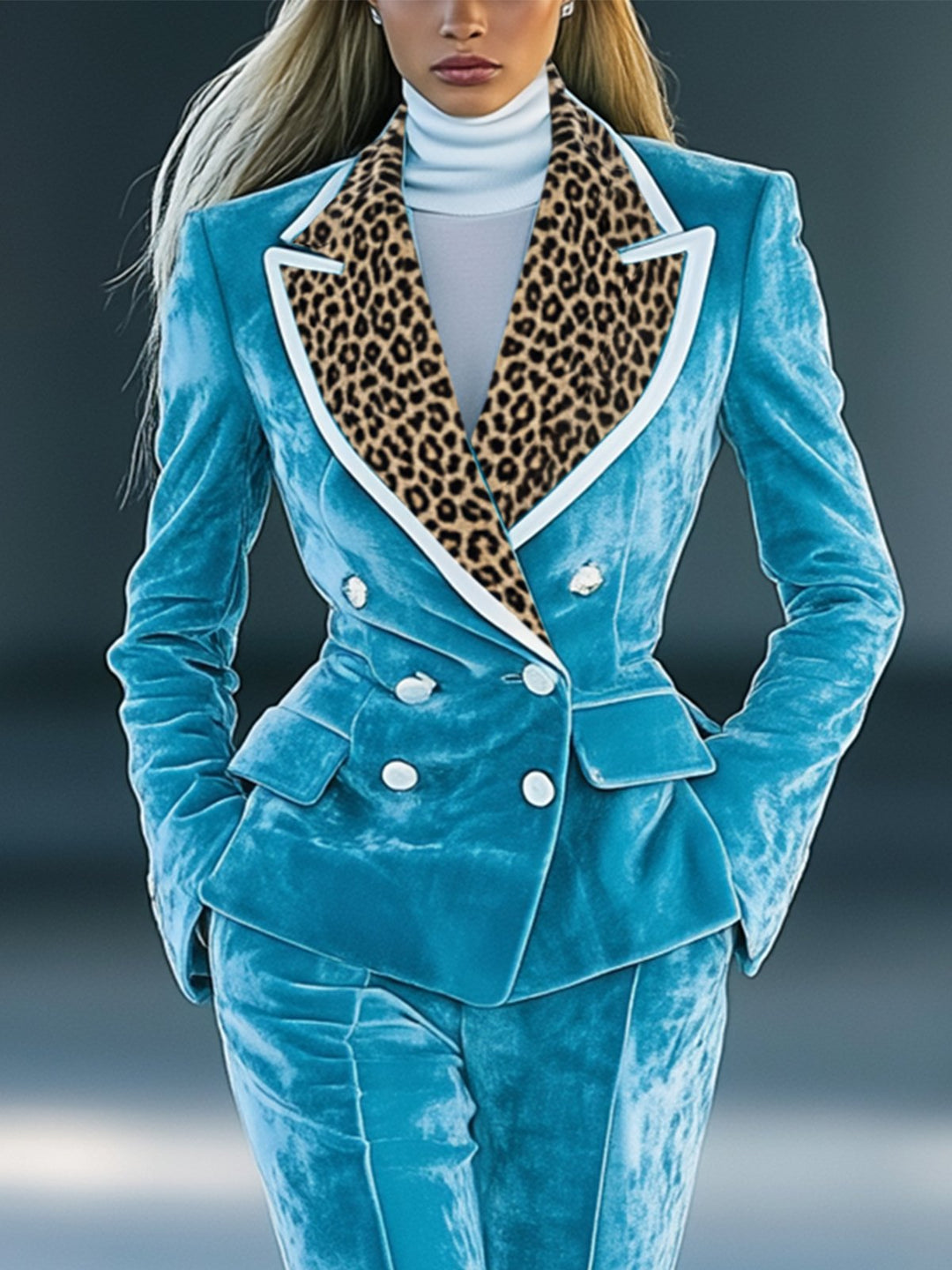 Lilia | Stylish Blue Velvet Suit With Leopard Print Lapel