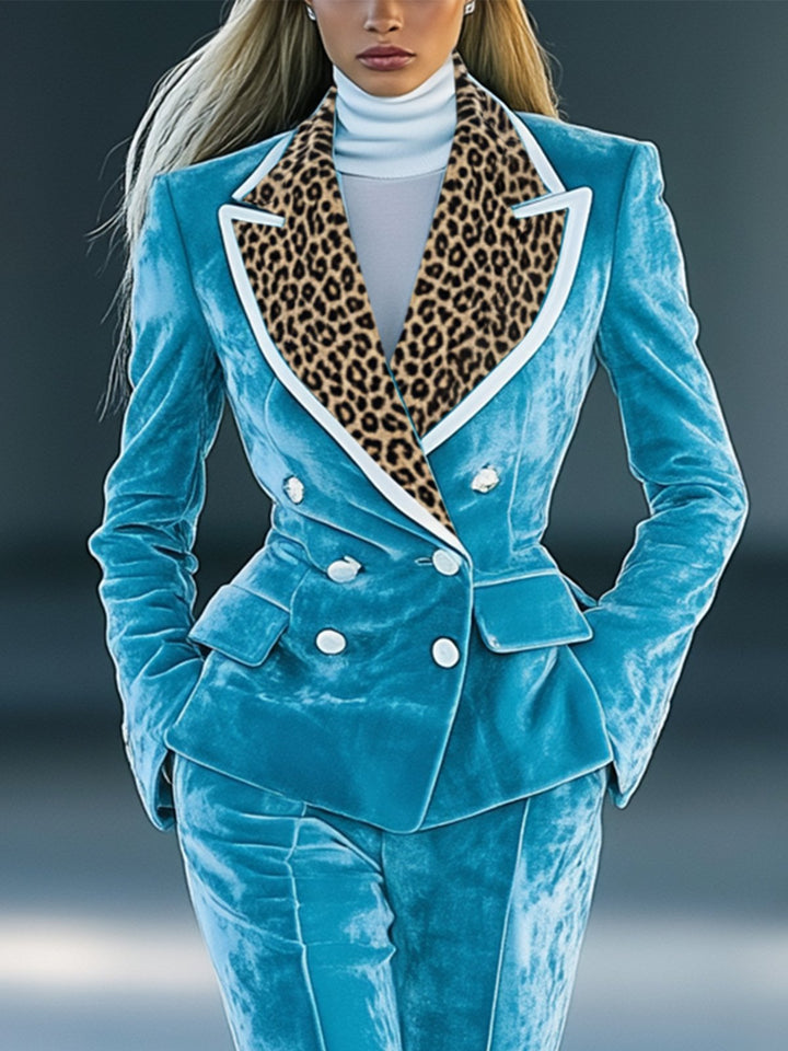 Lilia | Stylish Blue Velvet Suit With Leopard Print Lapel