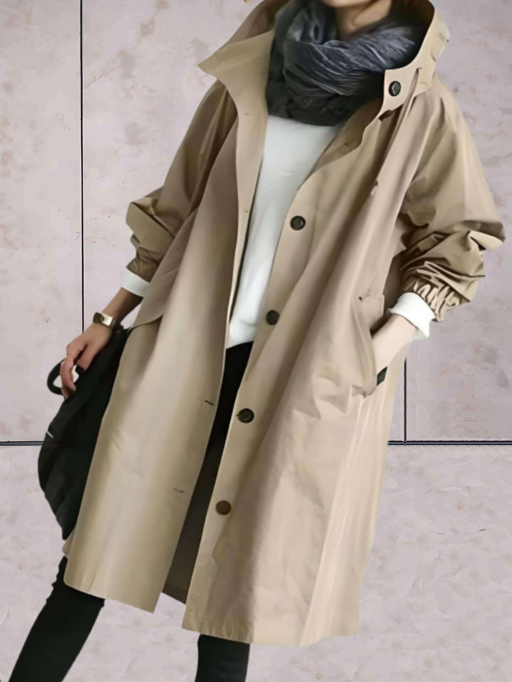 Gracia - Waterproof and Warm Trench Coat Jacket with Hood and Button Closure