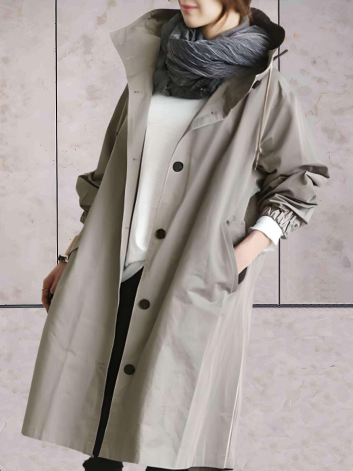 Gracia - Waterproof and Warm Trench Coat Jacket with Hood and Button Closure